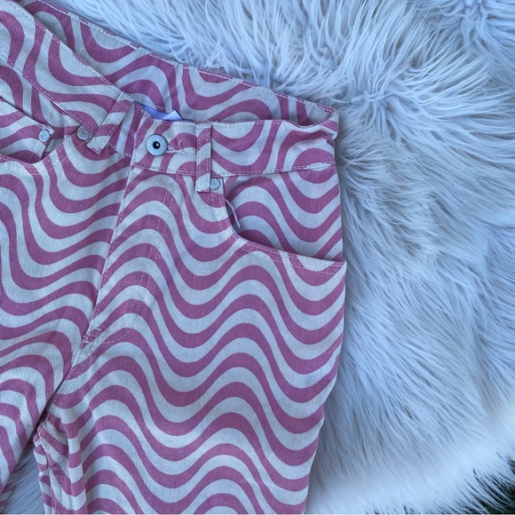 The Ragged Priest Wide Leg Dad Fit Pink White Wave Print Jeans Size 24 - Picture 2 of 8